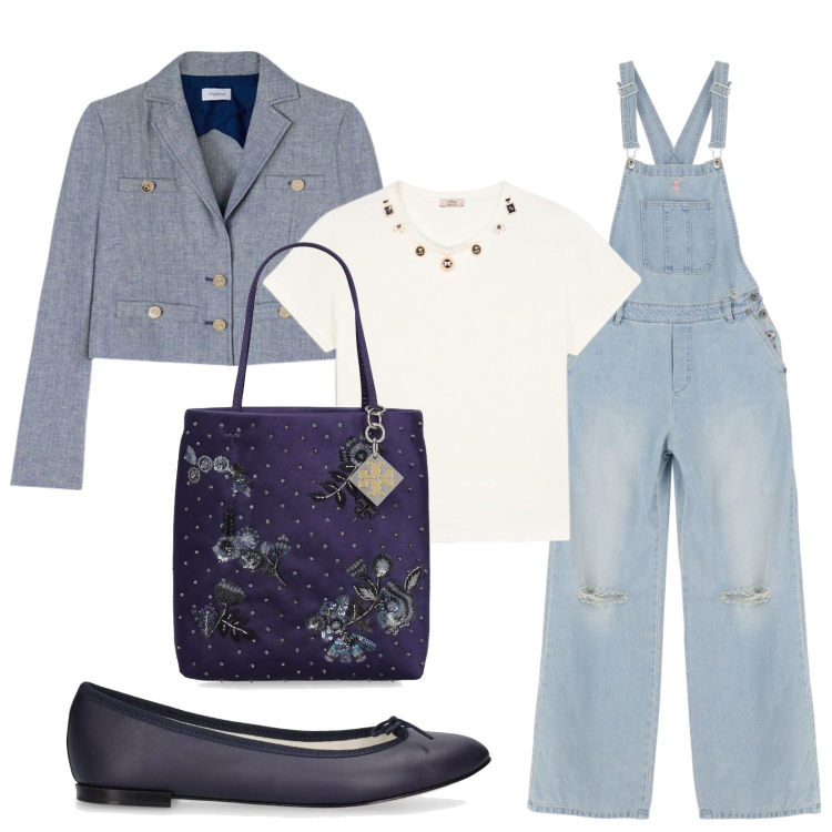 Outfit donna - Tuta e ballerine. Stile Casual chic per Tutti i giorni. Abbinamento con salopette, blazer, ballerine, borse a mano, t-shirt.