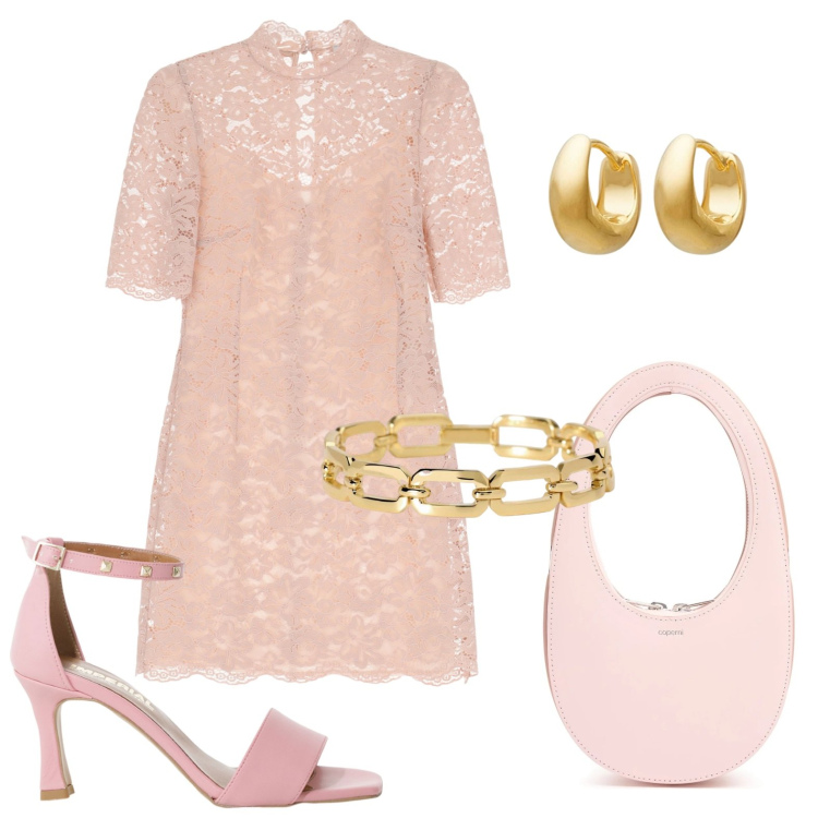 Outfit donna - L\'abito di pizzo. Stile Glamour per Cerimonia. Abbinamento con orecchini, braccialetti, vestiti corti, sandali col tacco, borse a mano.