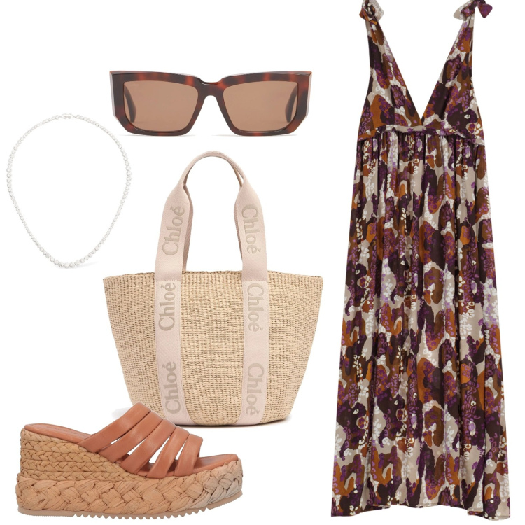 Outfit donna - Fantasie primaverili. Stile Casual per Tutti i giorni. Abbinamento con espadrillas, vestiti lunghi, occhiali da sole, shopping bag, collane.