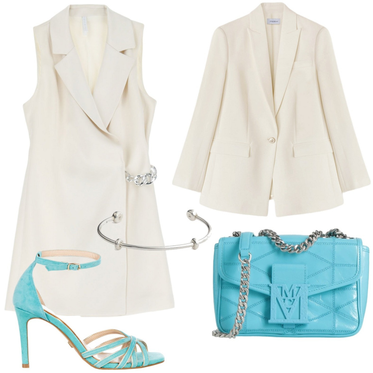Outfit donna - Accessori azzurri. Stile Chic per Serata fuori. Abbinamento con borse a tracolla, vestiti corti, sandali col tacco, braccialetti, blazer.