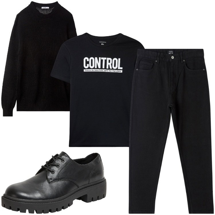 Outfit uomo - Under control. Stile Biker Rock per Tutti i giorni. Abbinamento con pantaloni, t-shirt, scarpe stringate, maglieria.