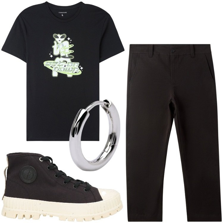 Outfit uomo - Io sto con gli Alieni. Stile Biker Rock per Tutti i giorni. Abbinamento con stivali e stivaletti, pantaloni chino, t-shirt, orecchini.
