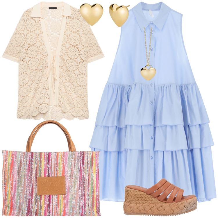 Outfit donna - Mi sento Romantica. Stile Romantica per Tutti i giorni. Abbinamento con espadrillas, borse a mano, orecchini, collane, vestiti corti, camicie a manica corta.