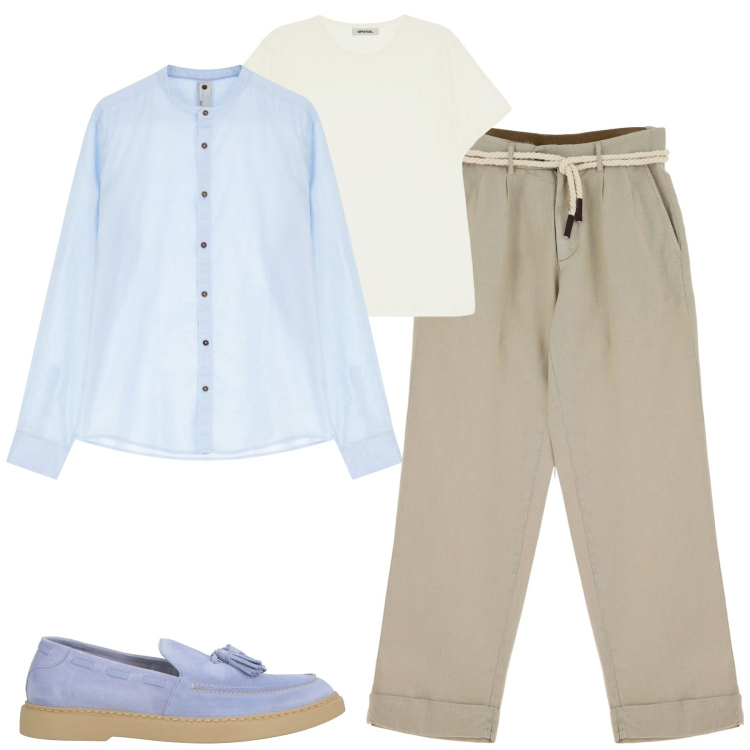 Outfit uomo - Un aperitivo in terrazza. Stile Trendy per Serata speciale. Abbinamento con scarpe stringate, camicie, pantaloni chino, t-shirt.