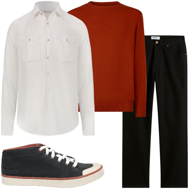 Outfit uomo - Brick colore must. Stile Urban per Tutti i giorni. Abbinamento con jeans dritti, sneakers, camicie, maglieria.