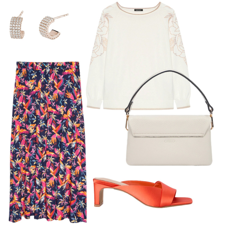 Outfit donna - Pronta per un caffè. per Tutti i giorni. Abbinamento con orecchini, maglieria, gonne lunghe, borse a tracolla, sabot.