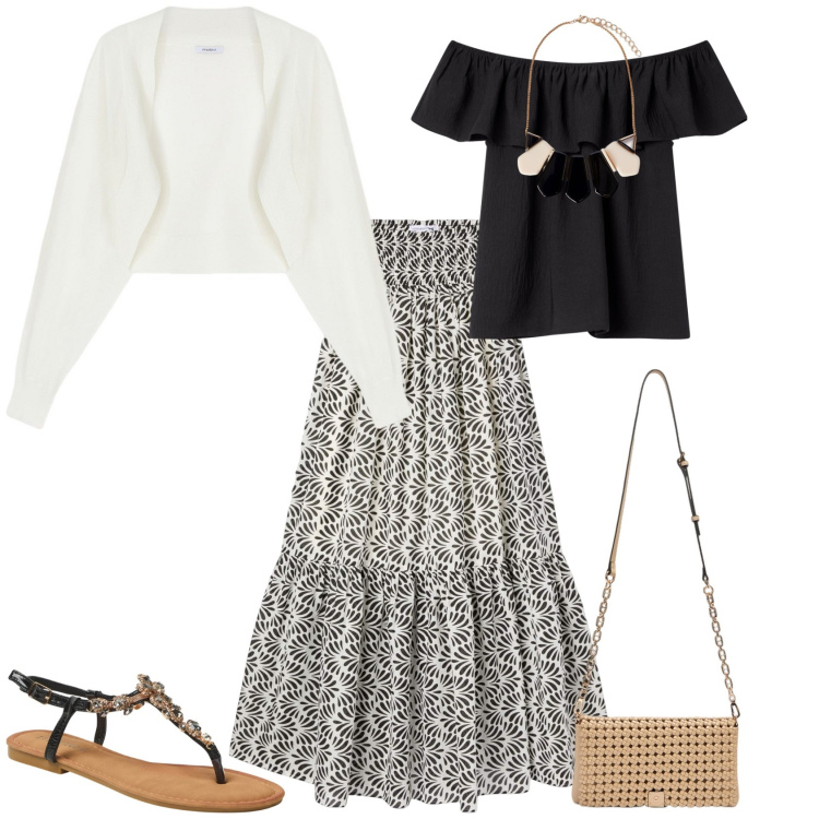 Outfit donna - Pranzo all aperto. Stile Etnico per Tutti i giorni. Abbinamento con gonne lunghe, bluse, sandali gioiello, clutch, blazer, collane.