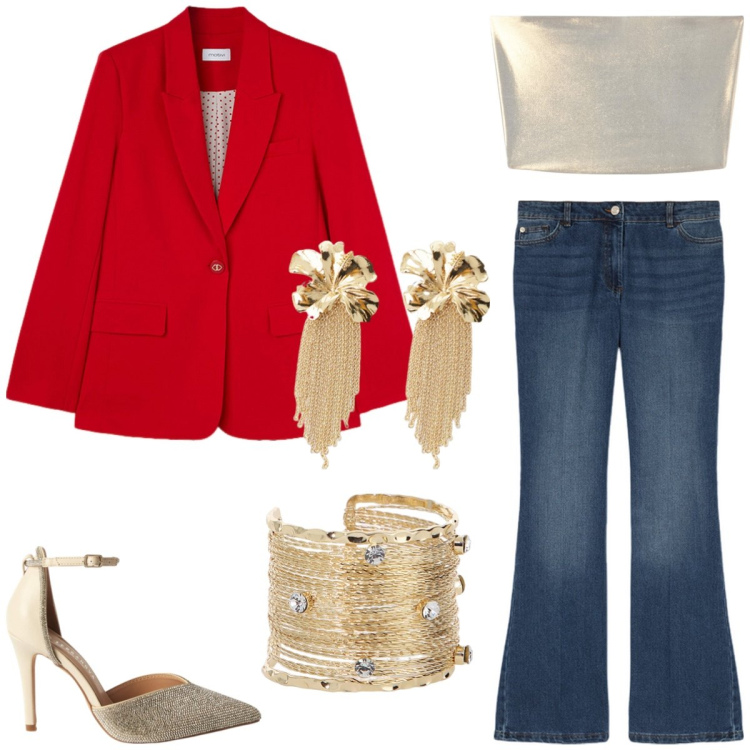Outfit donna - Total look #2165053. Stile Glamour per Serata fuori. Abbinamento con décolleté, top, braccialetti, orecchini, blazer, jeans.