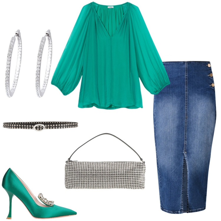 Outfit donna - Total look #2165059. Stile Glamour per Serata fuori. Abbinamento con décolleté, borse a mano, cinture, orecchini, gonne longuette, bluse.