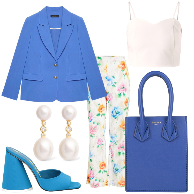 Outfit donna - La cerimonia primaverile. Stile Chic per Cerimonia. Abbinamento con pantaloni, sandali in pelle, borse a mano, canottiere, orecchini, blazer.