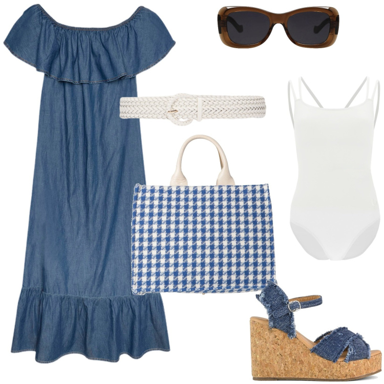 Outfit donna - Denim soft. Stile Casual per Tutti i giorni. Abbinamento con borse a mano, occhiali da sole, body, zeppe, vestiti lunghi, cinture.