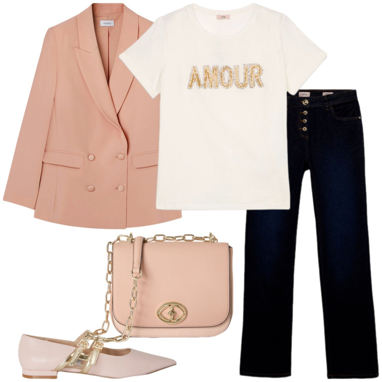 Outfit donna - Un amore di t-shirt. Stile Casual chic per Tutti i giorni. Abbinamento con t-shirt, ballerine, borse a tracolla, blazer, jeans.