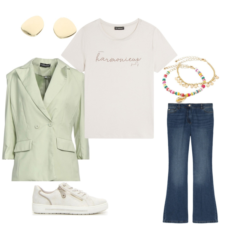 Outfit donna - Look ufficio. Stile Casual per Scuola/Università. look ideale per Petite. Abbinamento con braccialetti con ciondoli, blazer, t-shirt, orecchini, jeans, sneakers.