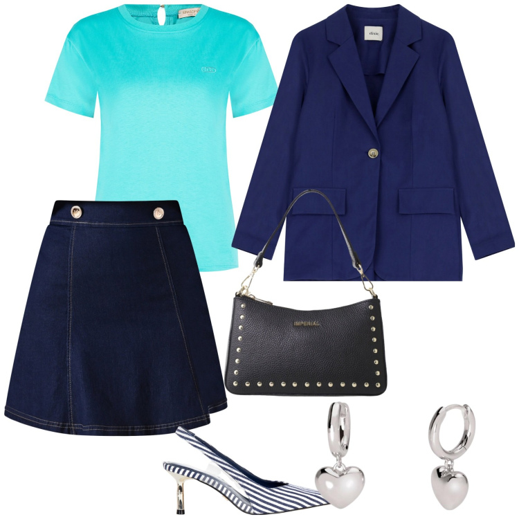 Outfit donna - Una giornata sull\' isola. per Mare. Abbinamento con borse a spalla, blazer, orecchini, minigonne, t-shirt, décolleté.