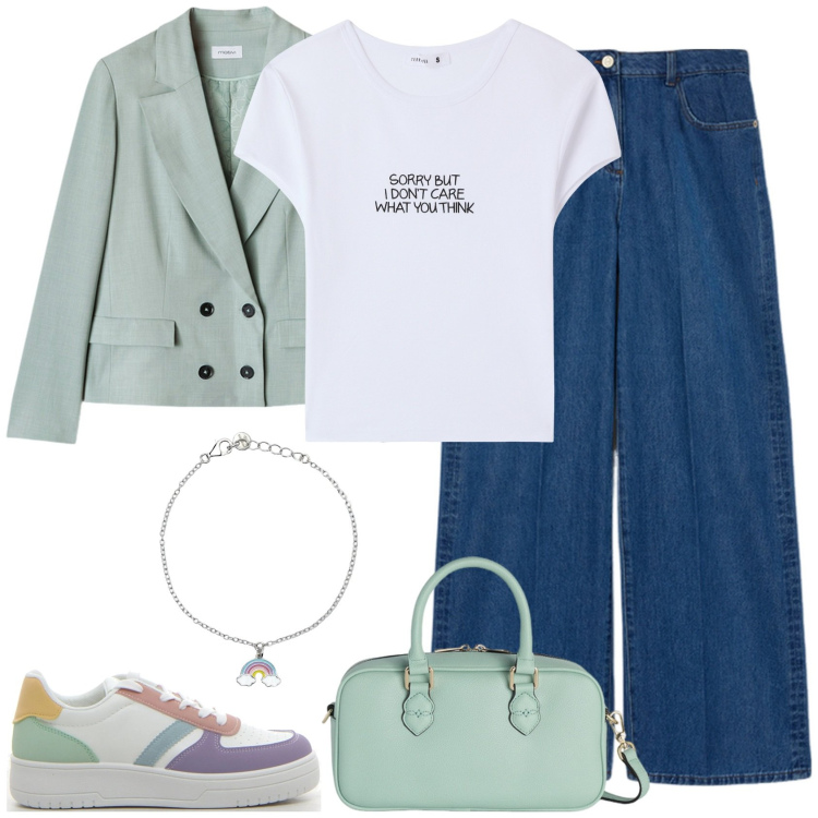 Outfit donna - Sorry But.... Stile Casual chic per Tutti i giorni. Abbinamento con t-shirt, braccialetti, borse a mano, jeans, sneakers, blazer.