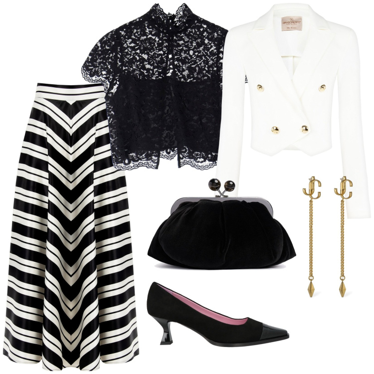 Outfit donna - Cerimonia. per Cerimonia. Abbinamento con décolleté, top, gonne, blazer, orecchini, pochette.