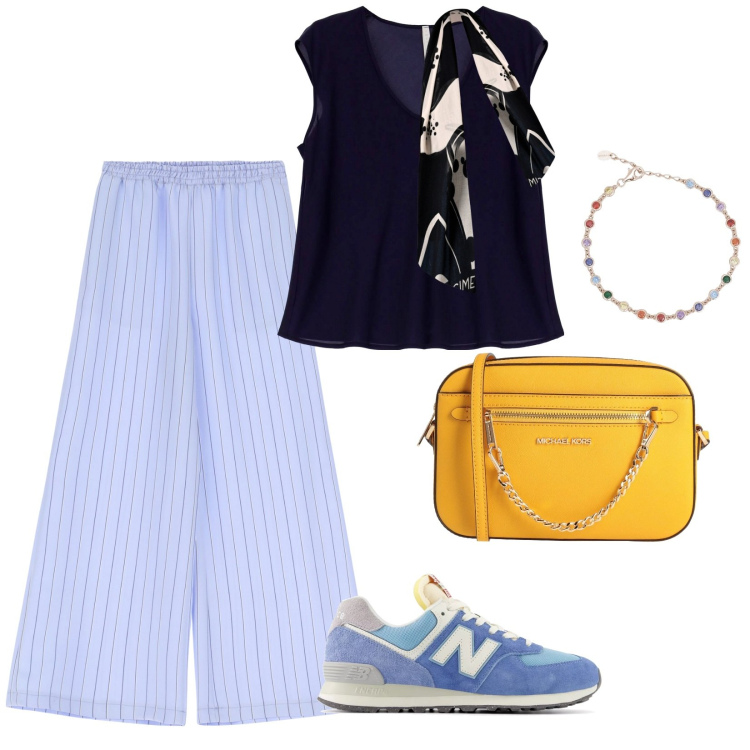 Outfit donna - Al mercato di sabato. per Tutti i giorni. Abbinamento con borse a tracolla, braccialetti, sneakers, sciarpe, pantaloni a palazzo, t-shirt.
