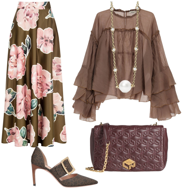 Outfit donna - Moka e ruches. Stile Bon Ton per Serata fuori. Abbinamento con borse a tracolla, décolleté, camicie, collane, gonne.