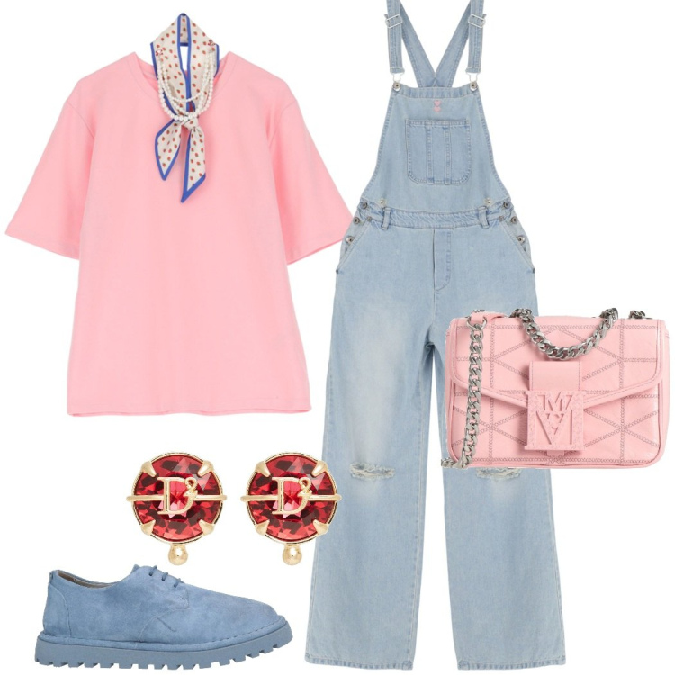 Outfit donna - Denim curvy. Stile Casual chic per Tutti i giorni. Abbinamento con scarpe stringate, borse a tracolla, orecchini, salopette, t-shirt.