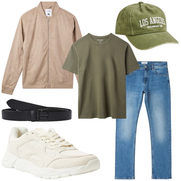 Outfit uomo - Giornata in terranova. Stile Casual per Tutti i giorni. Abbinamento con t-shirt, bomber, jeans dritti, sneakers, cappelli, cinture.