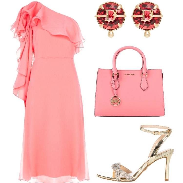 Outfit donna - Cerimonia romantica. Stile Chic per Cerimonia. Abbinamento con borse a mano, orecchini, vestiti asimmetrici, sandali col tacco.