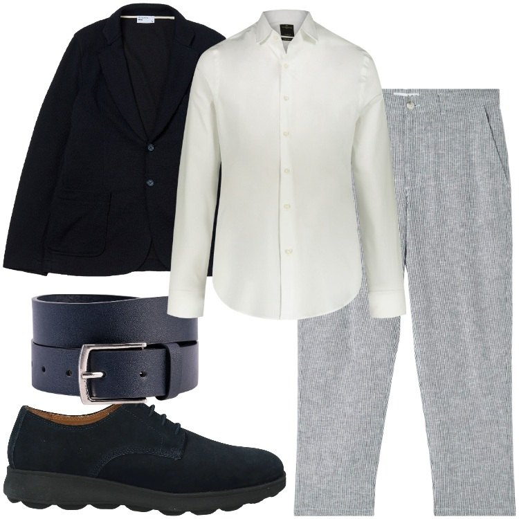 Outfit uomo - Classico in blu. Stile Business/Elegante per Ufficio. Abbinamento con scarpe stringate, pantaloni, giacche, camicie, cinture.