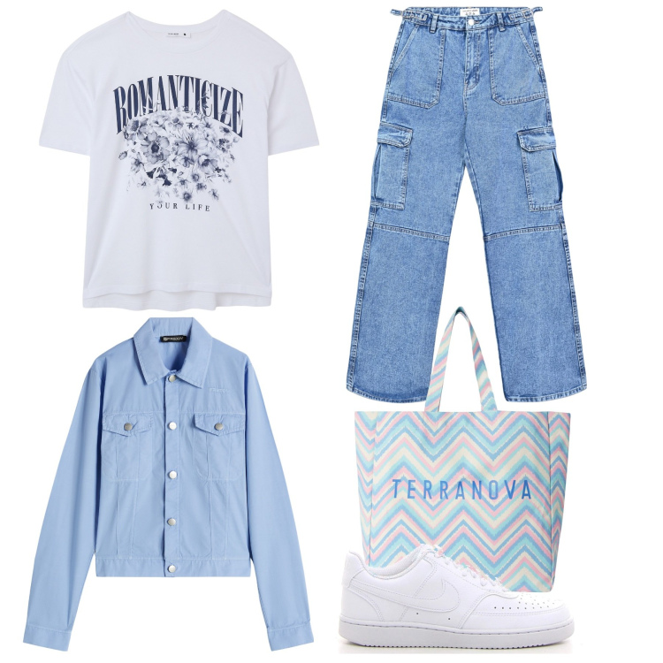 Outfit donna - Bianco e celeste. Stile Sporty chic per Tutti i giorni. Abbinamento con t-shirt, borse tote, jeans, blazer, sneakers.