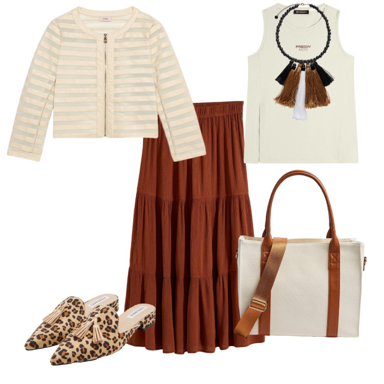Outfit donna - Invito a casa di amici. per Mare. Abbinamento con gonne longuette, sabot, shopping bag, canottiere, collane, blazer.