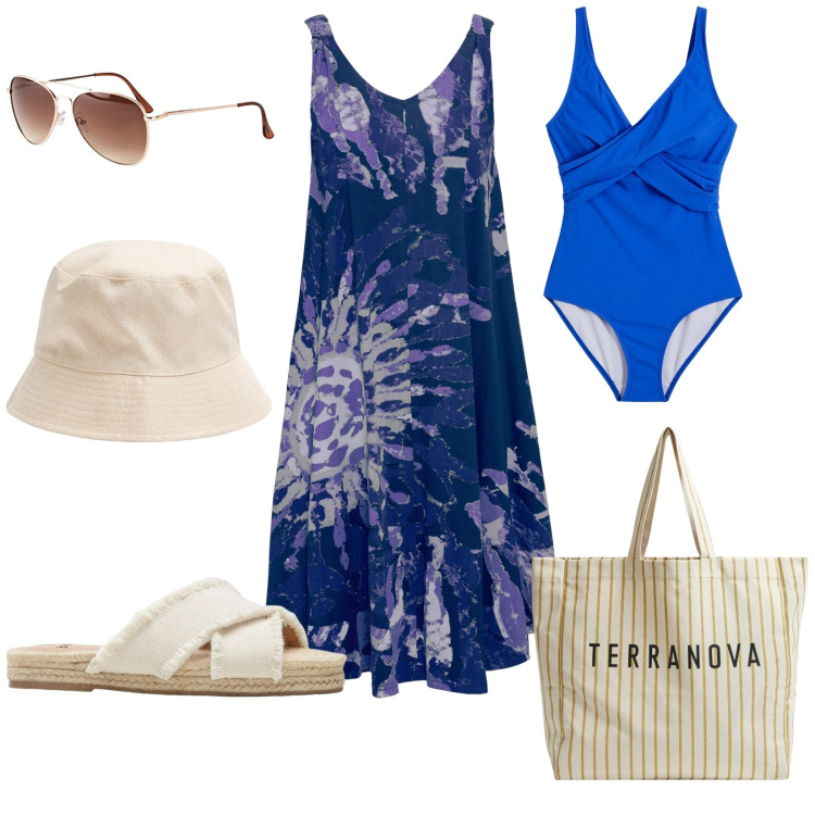 Outfit donna - Pronta per il mare. per Mare. Abbinamento con ciabatte, costumi interi, occhiali da sole, vestiti senza maniche, cappelli, borse tote.
