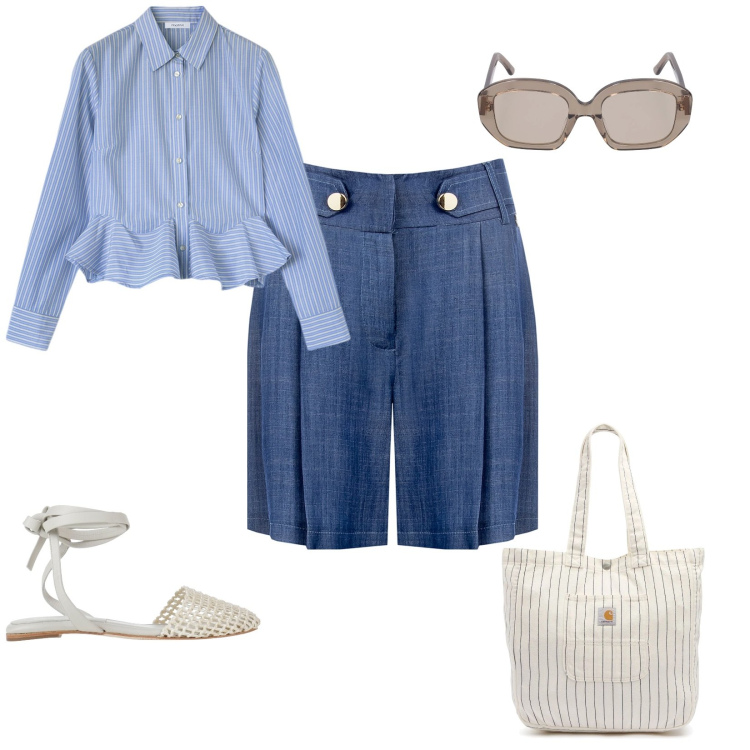 Outfit donna - Passeggiata in riva al mare. per Mare. Abbinamento con ballerine, bermuda, camicie, occhiali da sole, borse tote.