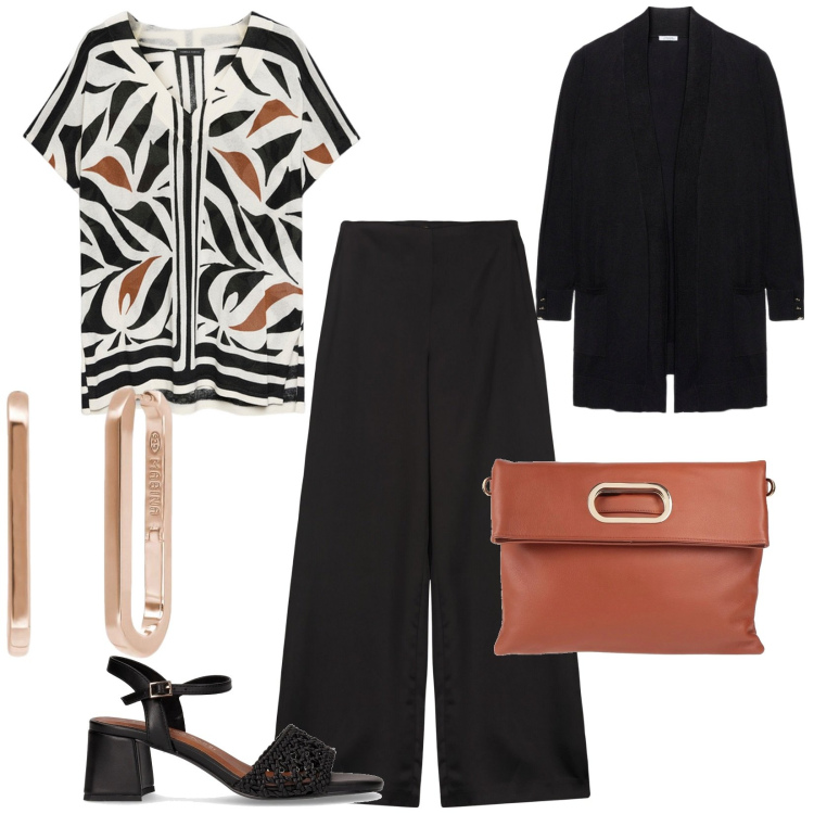 Outfit donna - A scuola per poco. per Scuola/Università. Abbinamento con borse a mano, orecchini, bluse, cardigans, sandali col tacco, pantaloni a palazzo.