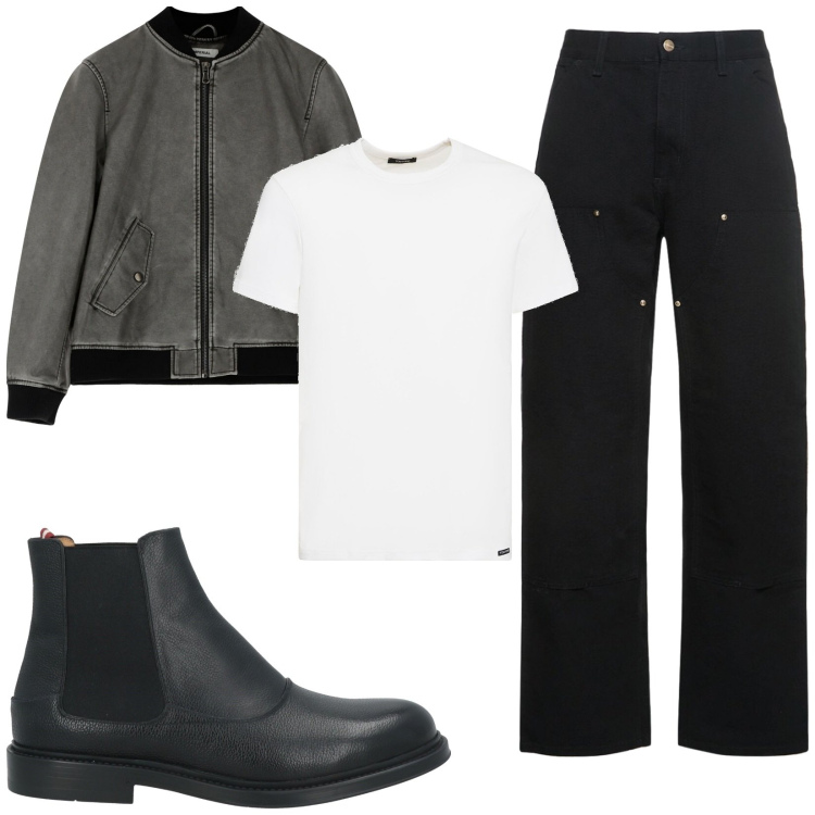 Outfit uomo - Gita in moto. Stile Urban per Tutti i giorni. Abbinamento con stivali e stivaletti, bomber, t-shirt, jeans.