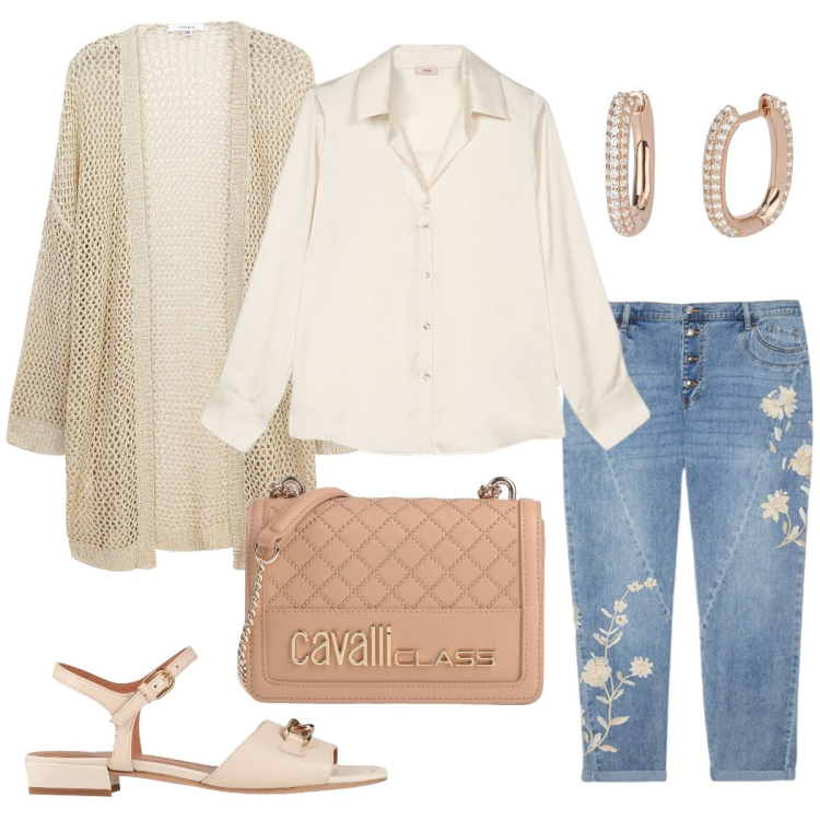 Outfit donna - I jeans ricamati. Stile Casual chic per Tutti i giorni. Abbinamento con sandali in pelle, borse a tracolla, kimono, orecchini, jeans, camicie.