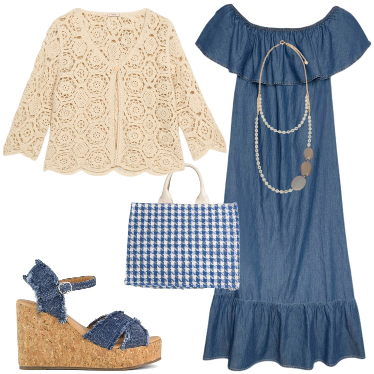 Outfit donna - Total look #2165157. Stile Boho per Tutti i giorni. Abbinamento con borse a mano, zeppe, vestiti lunghi, collane, cardigans.