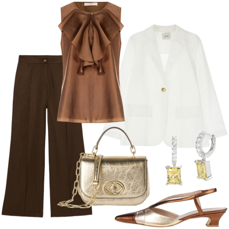 Outfit donna - Cerimonia elegante. Stile Chic per Cerimonia. Abbinamento con décolleté, blazer, orecchini, bluse, pantaloni a palazzo, borse a tracolla.