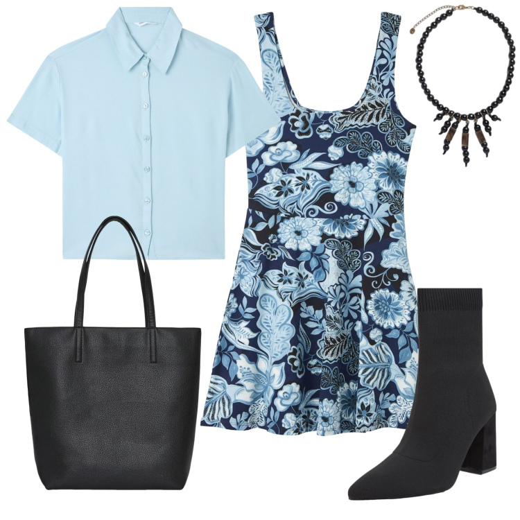 Outfit donna - Cieli a contrasto. Stile Casual chic per Tutti i giorni. Abbinamento con camicie a manica corta, borse tote, vestiti corti, stivaletti, collane.