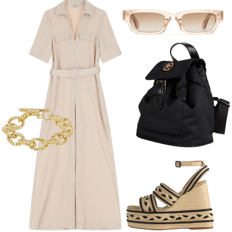 Outfit donna - La tuta da giorno. Stile Casual chic per Ufficio. Abbinamento con espadrillas, zaini, tute, braccialetti, occhiali da sole.