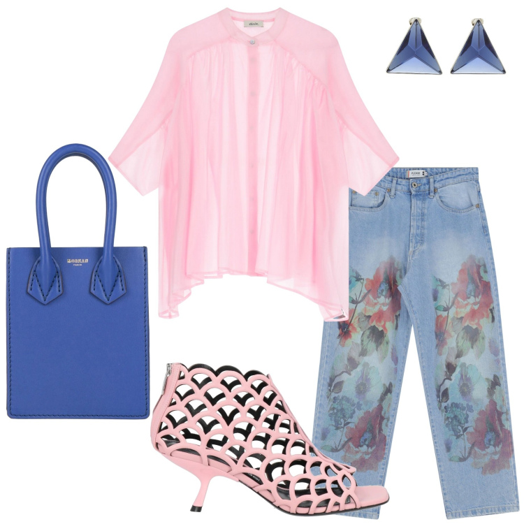 Outfit donna - Denim in primavera. Stile Casual chic per Serata fuori. Abbinamento con stivaletti, borse a mano, orecchini, jeans dritti, camicie.