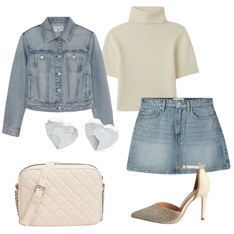 Outfit donna - Total look #2165177. Stile Casual chic per Scuola/Università. Abbinamento con minigonne, décolleté, maglieria, borse a tracolla, blazer, orecchini.