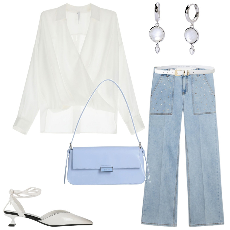 Outfit donna - Denim in primavera. Stile Casual chic per Serata fuori. Abbinamento con borse a spalla, décolleté, orecchini, cinture, bluse, jeans.