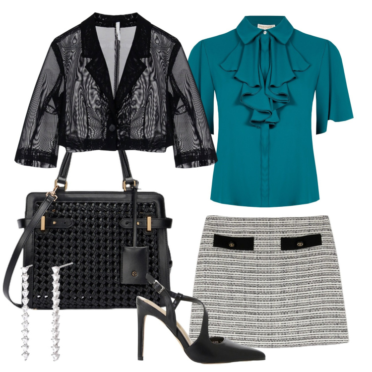 Outfit donna - Total look #2165187. Stile Glamour per Serata fuori. Abbinamento con orecchini, bluse, décolleté, blazer, borse a mano, minigonne.