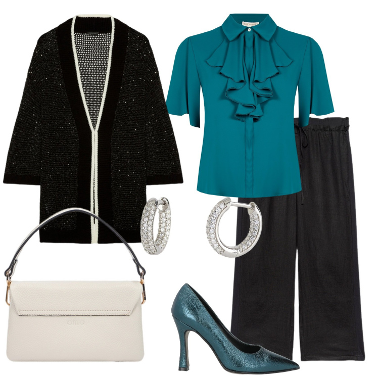 Outfit donna - Total look #2165188. Stile Casual chic per Ufficio. Abbinamento con décolleté, orecchini, bluse, cardigans, pantaloni, borse a tracolla.
