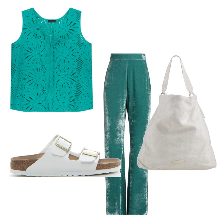 Outfit donna - Casual chic. Stile Casual chic per Tutti i giorni. Abbinamento con pantaloni, borse a mano, top, ciabatte.