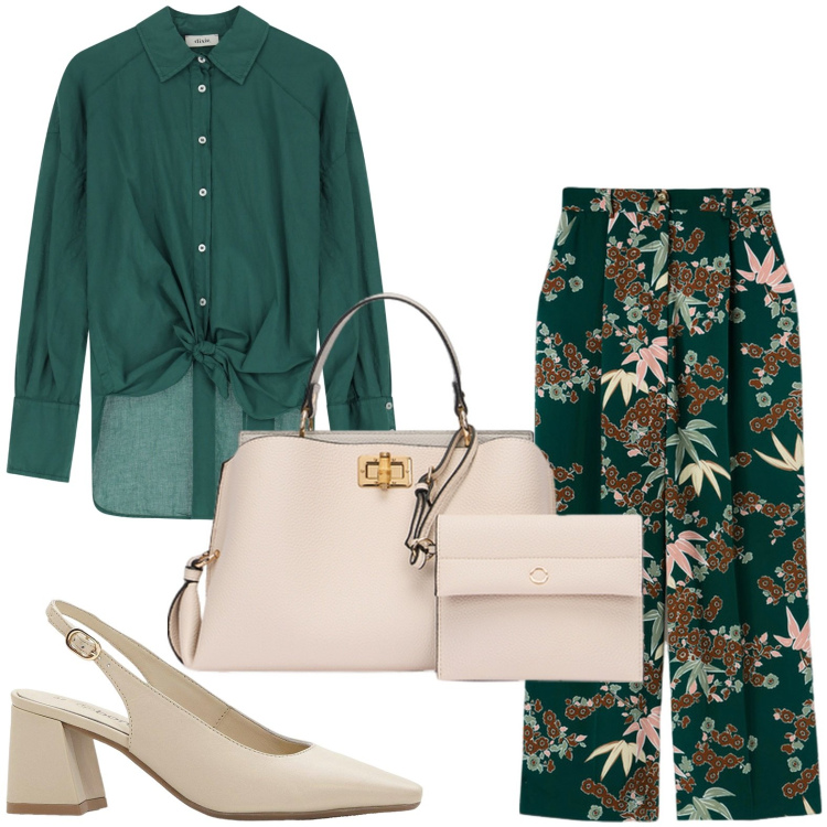 Outfit donna - Aperitivo dopo il lavoro. Stile Casual per Serata fuori. Abbinamento con décolleté, camicie, borse a mano, pantaloni a palazzo.
