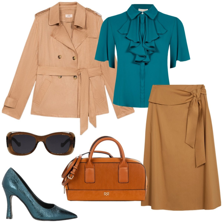 Outfit donna - Total look #2165203. Stile Chic per Tutti i giorni. Abbinamento con décolleté, occhiali da sole, borse a mano, bluse, trench, gonne longuette.