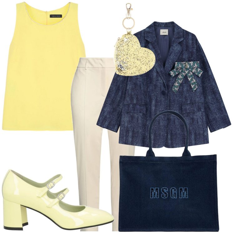 Outfit donna - Sofisticata con le mary jane. Stile Glamour per Ufficio. Abbinamento con portachiavi, pantaloni, décolleté, blazer, top, shopping bag.