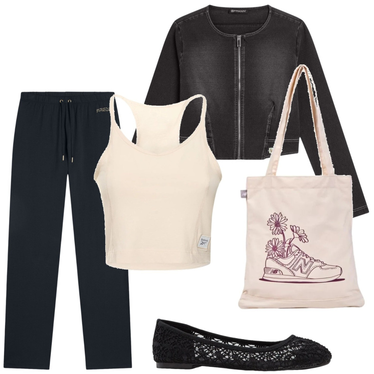 Outfit donna - Comoda con le ballerine. Stile Minimal per Tutti i giorni. Abbinamento con ballerine, shopping bag, blazer, pantaloni, top.