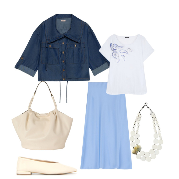 Outfit donna - Tempo libero. per Tutti i giorni. Abbinamento con gonne longuette, t-shirt, blazer, ciondoli, borse a secchiello, ballerine.