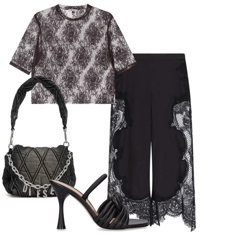 Outfit donna - Pizzo nero. Stile Glamour per Serata fuori. Abbinamento con pantaloni a palazzo, t-shirt, borse a spalla, sandali in pelle.