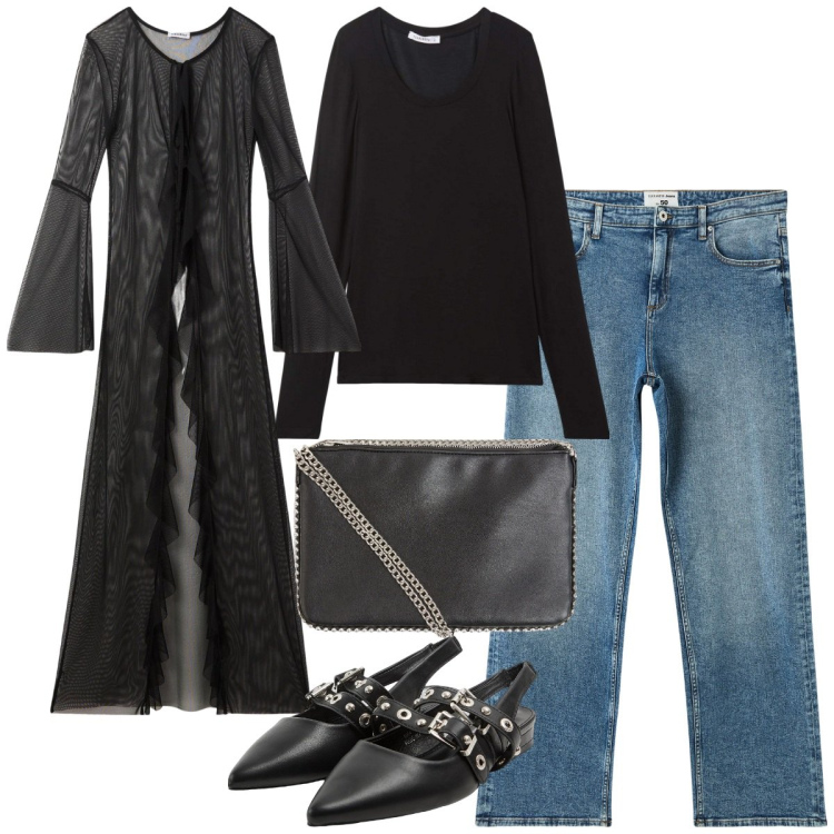 Outfit donna - Denim soft con twist femminile. Stile Glamour per Tutti i giorni. Abbinamento con borse a tracolla, caftani, jeans dritti, sabot, t-shirt.
